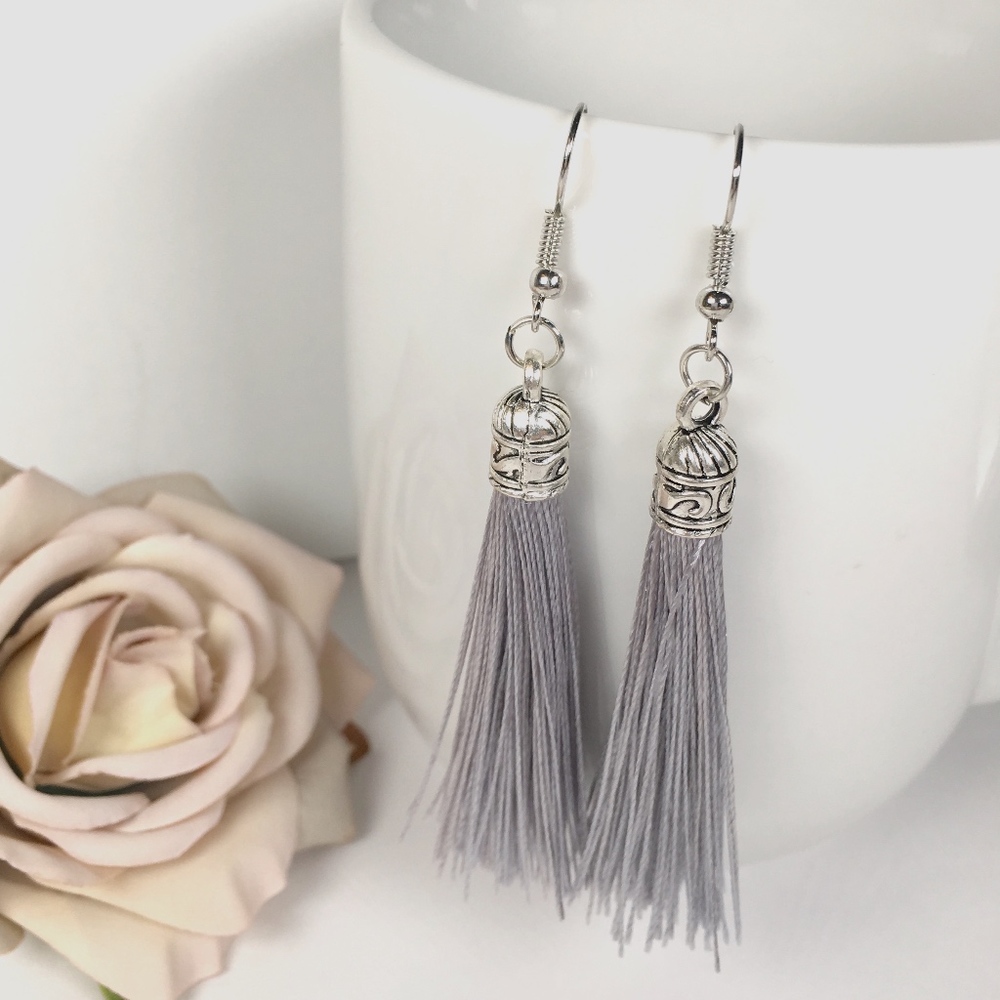 Gray Tassel Drop Earrings - Picture 4 of 6